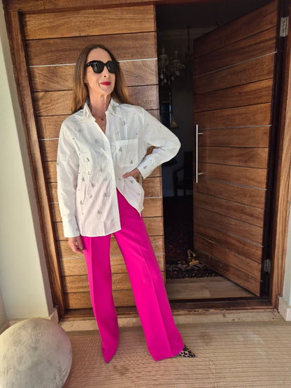 White Blouse with Diamante detail on Front, Cuff & Collar