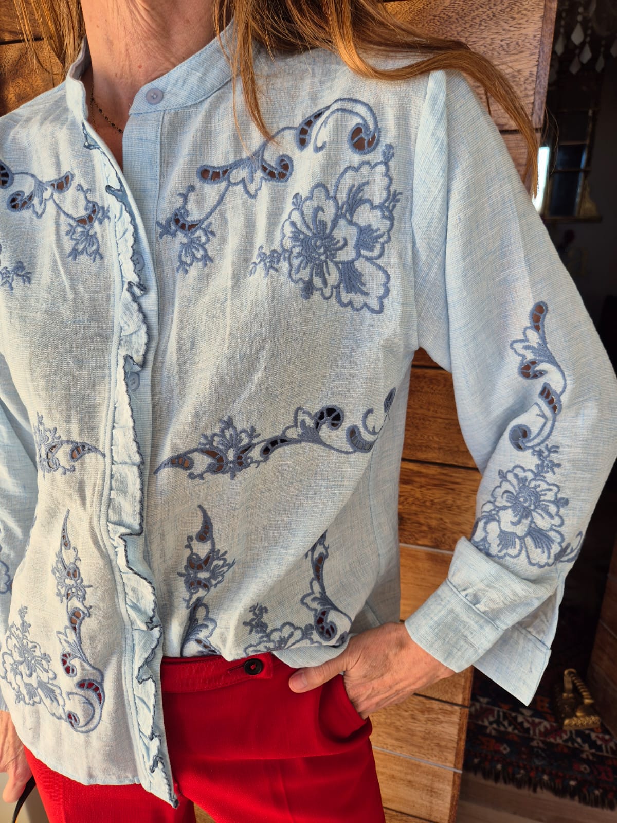 Ice Blue Blouse with Cut-out detail on Front & Sleeve