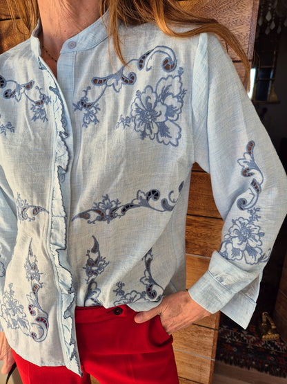 Ice Blue Blouse with Cut-out detail on Front & Sleeve