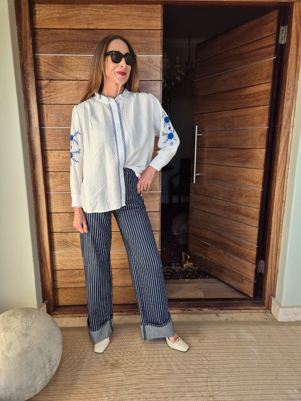 White Blouse with Blue Embroidery on Sleeve, Front & Collar
