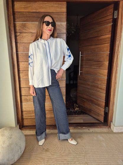 White Blouse with Blue Embroidery on Sleeve, Front & Collar