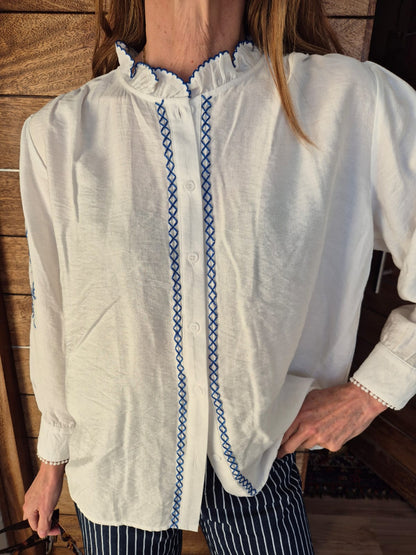 White Blouse with Blue Embroidery on Sleeve, Front & Collar