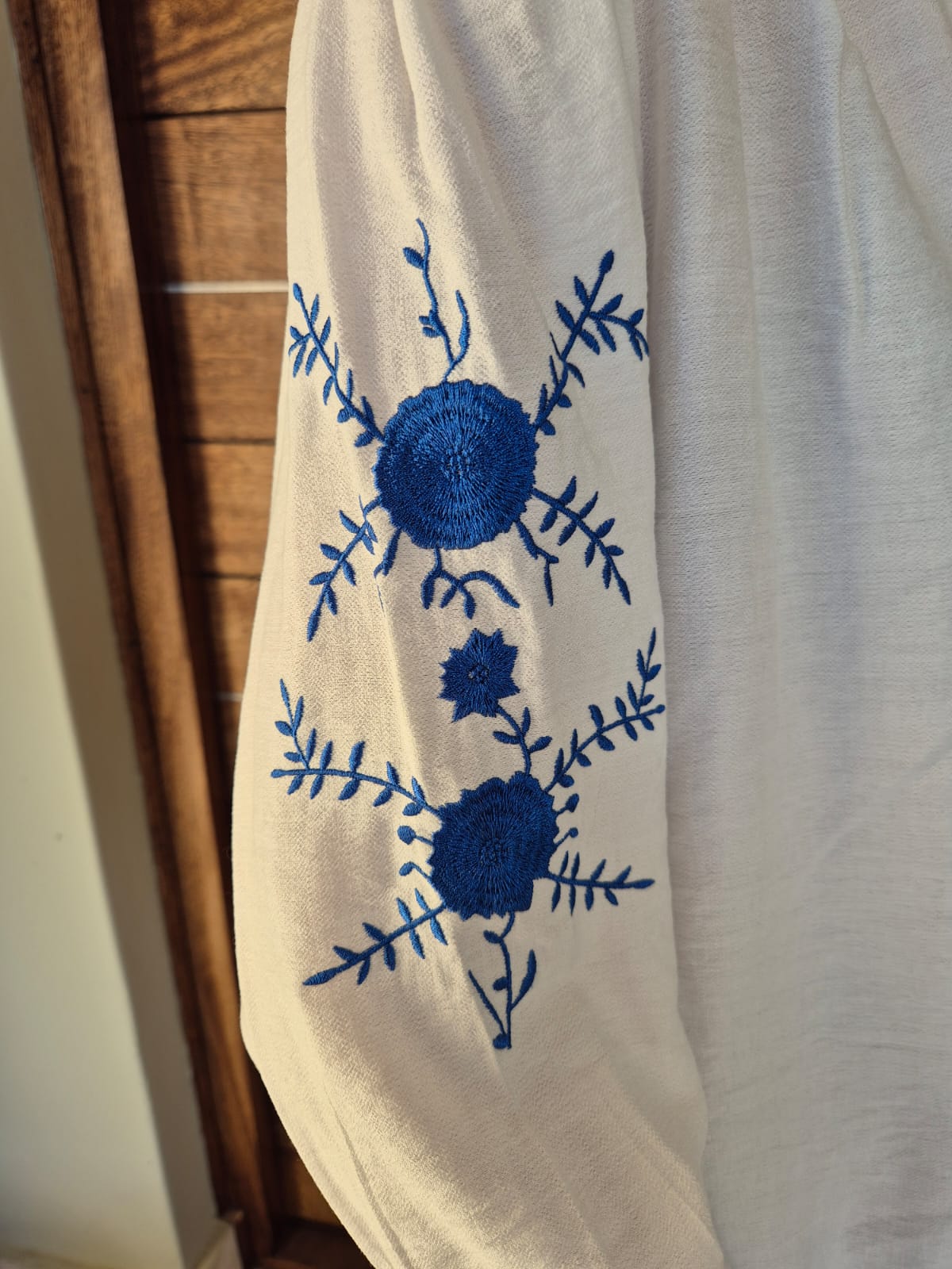 White Blouse with Blue Embroidery on Sleeve, Front & Collar