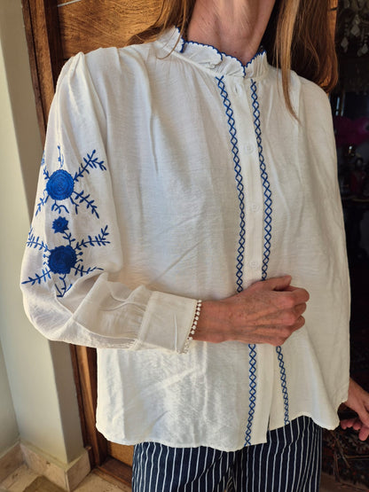 White Blouse with Blue Embroidery on Sleeve, Front & Collar