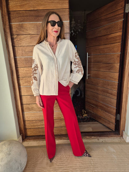 Stone Blouse with Brown Cross Stitch Detail