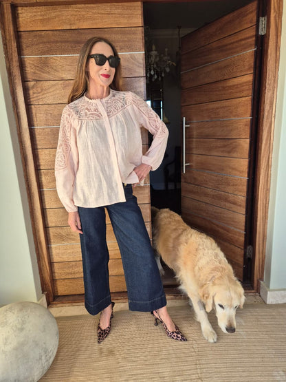 Blush Pink Blouse with Lace detail on Front & Sleeve
