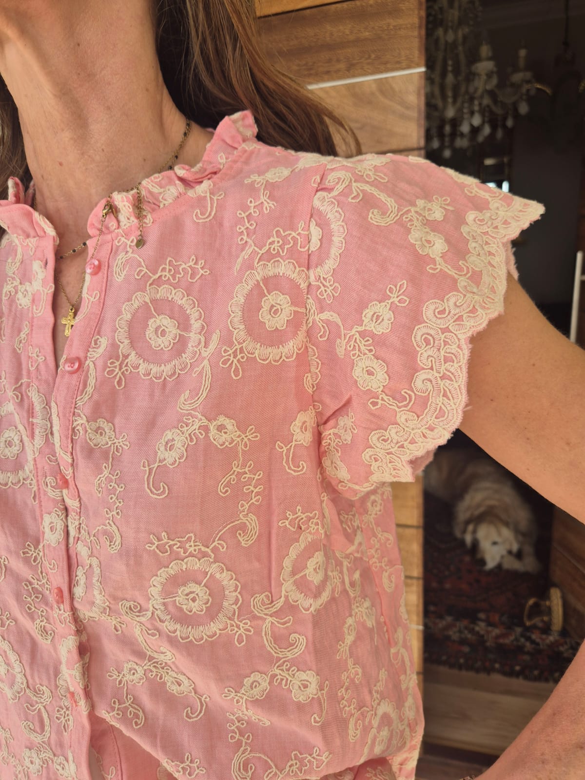 Rose Pink Blouse with Cream Embroidery