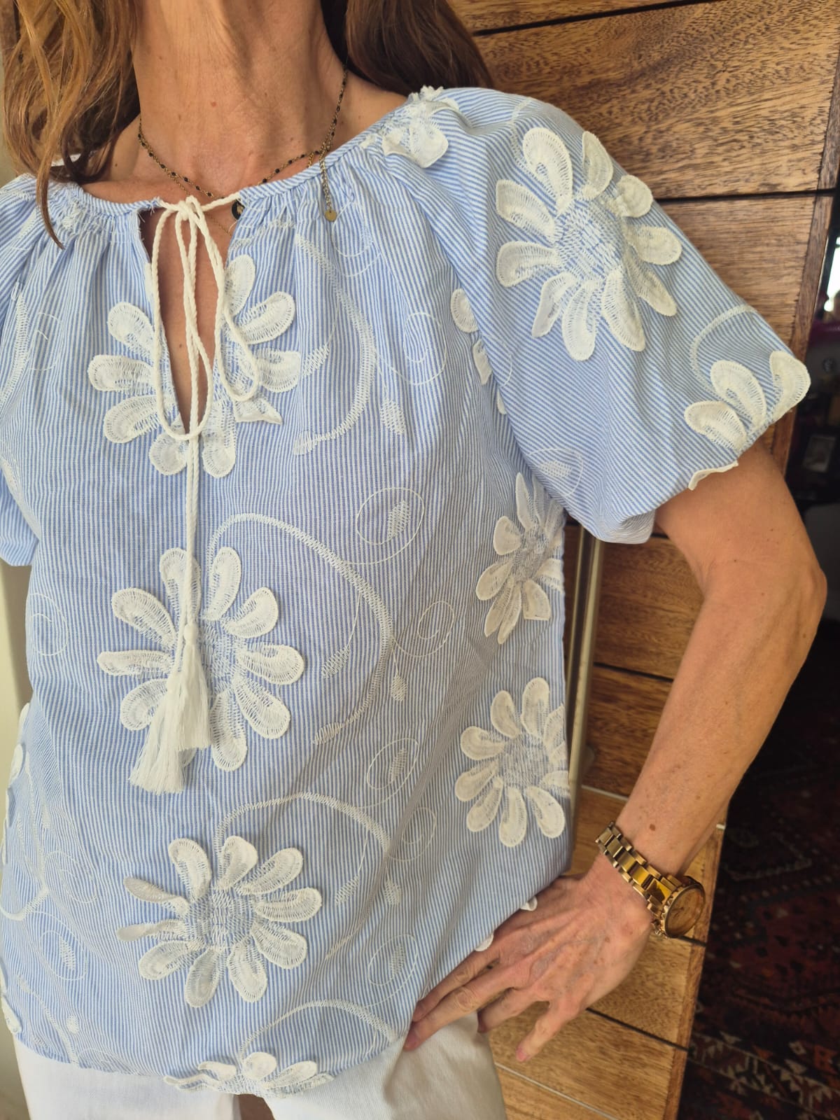 Blue & White Pinstripe Blouse with Embroidered Flowers