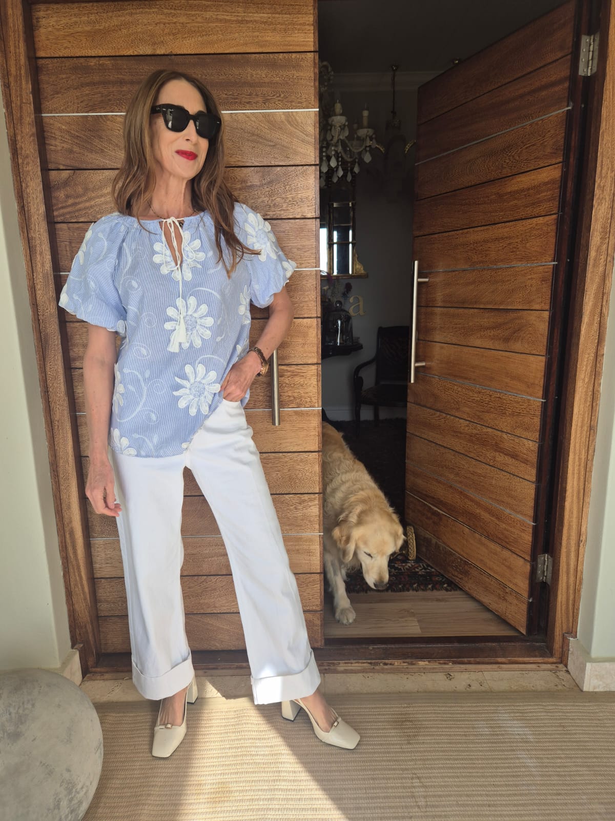 Blue & White Pinstripe Blouse with Embroidered Flowers