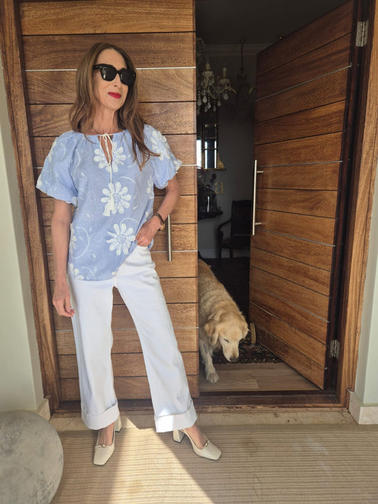 Blue & White Pinstripe Blouse with Embroidered Flowers
