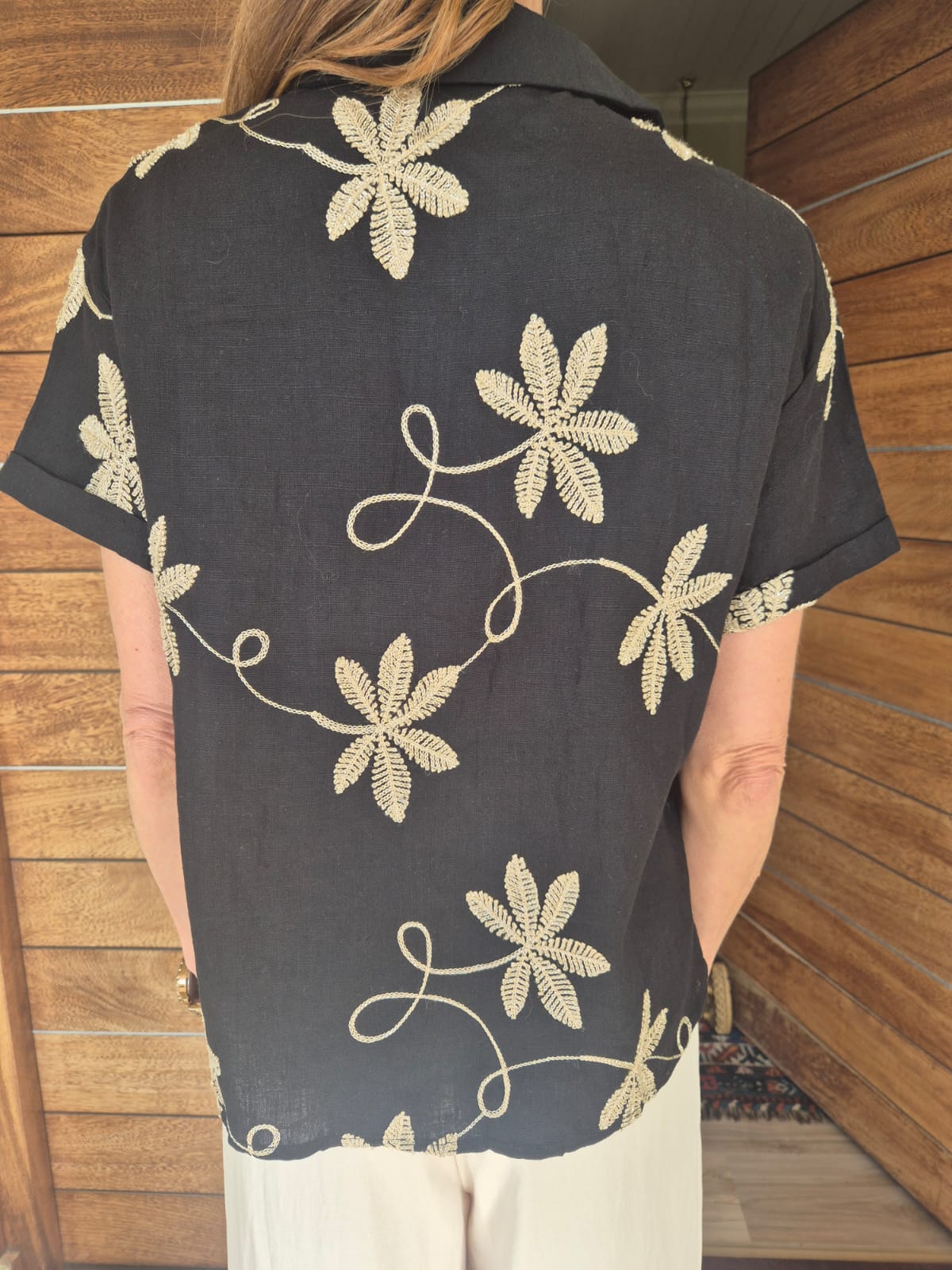 Black Short Sleeve Shirt with Goldy-cream Embroidery