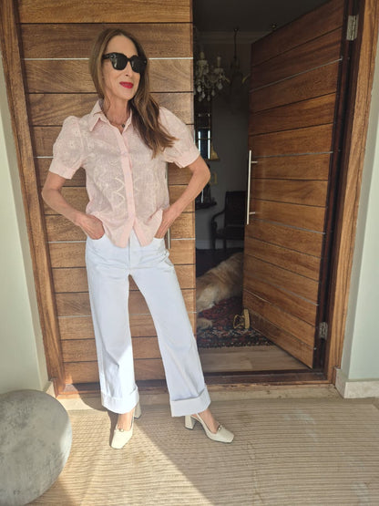 Pale Pink Puff Sleeve Blouse with Embroidery detail