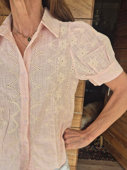 Pale Pink Puff Sleeve Blouse with Embroidery detail