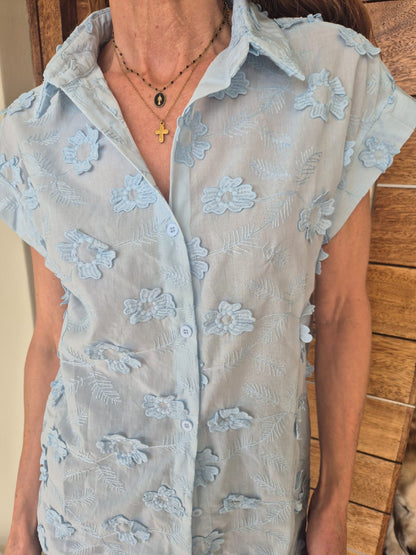 Ice Blue Blouse with Cut-out Flower detail Front & Back