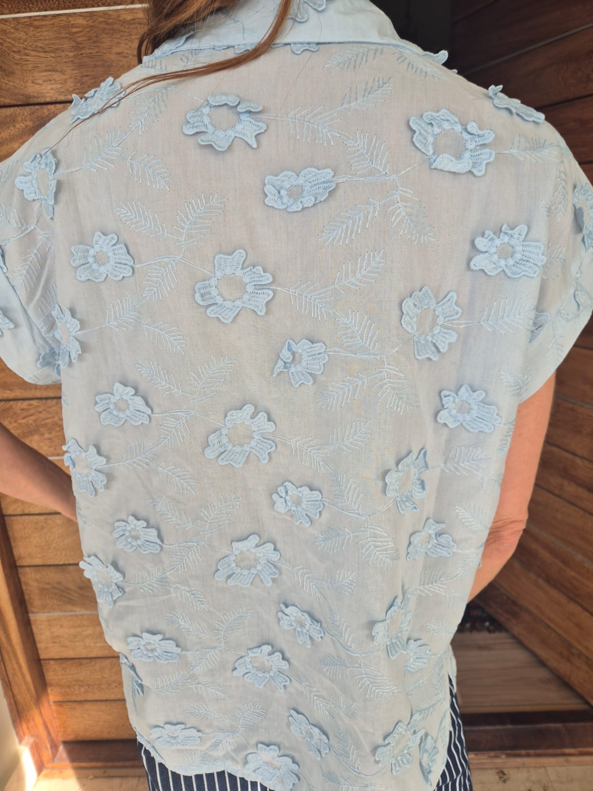 Ice Blue Blouse with Cut-out Flower detail Front & Back