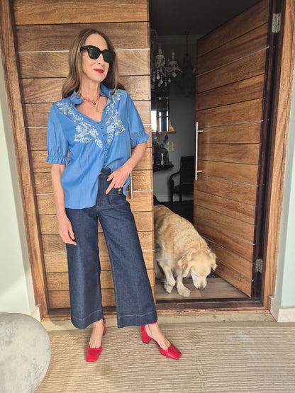 Denim Blue Shirt with Puff Sleeves