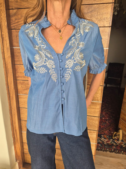 Denim Blue Shirt with Puff Sleeves