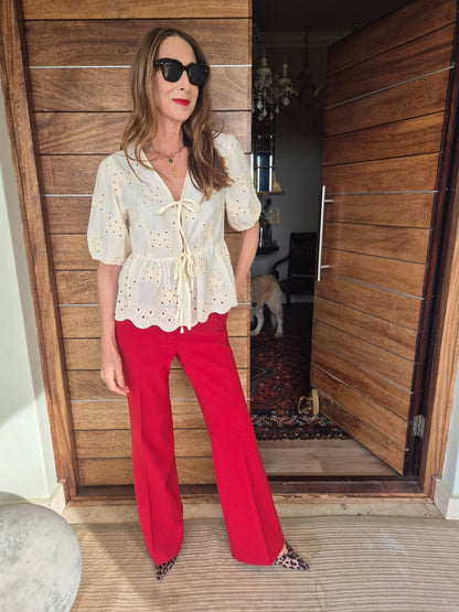 Cream Embroidered Blouse with tie detail on front