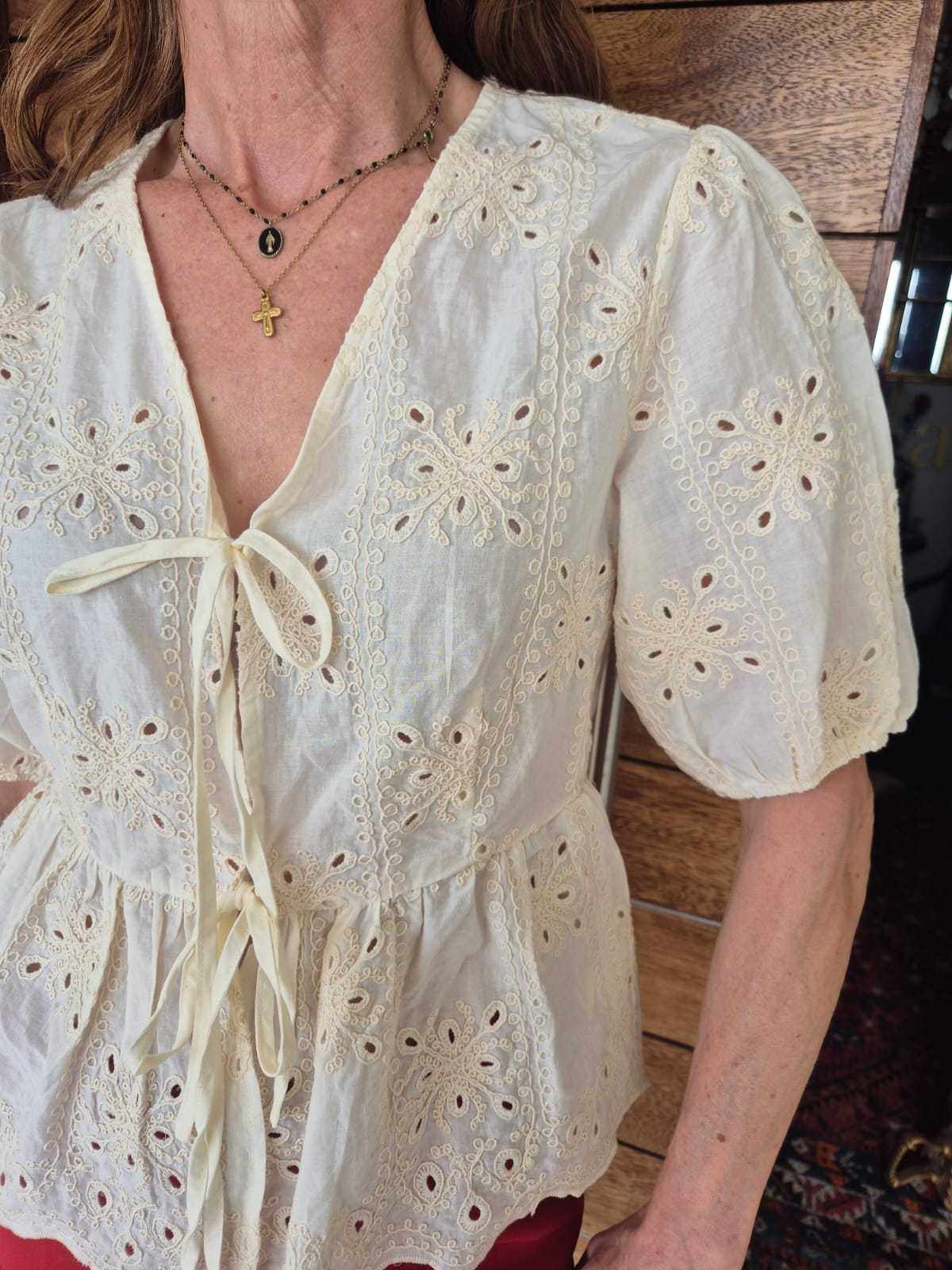 Cream Embroidered Blouse with tie detail on front
