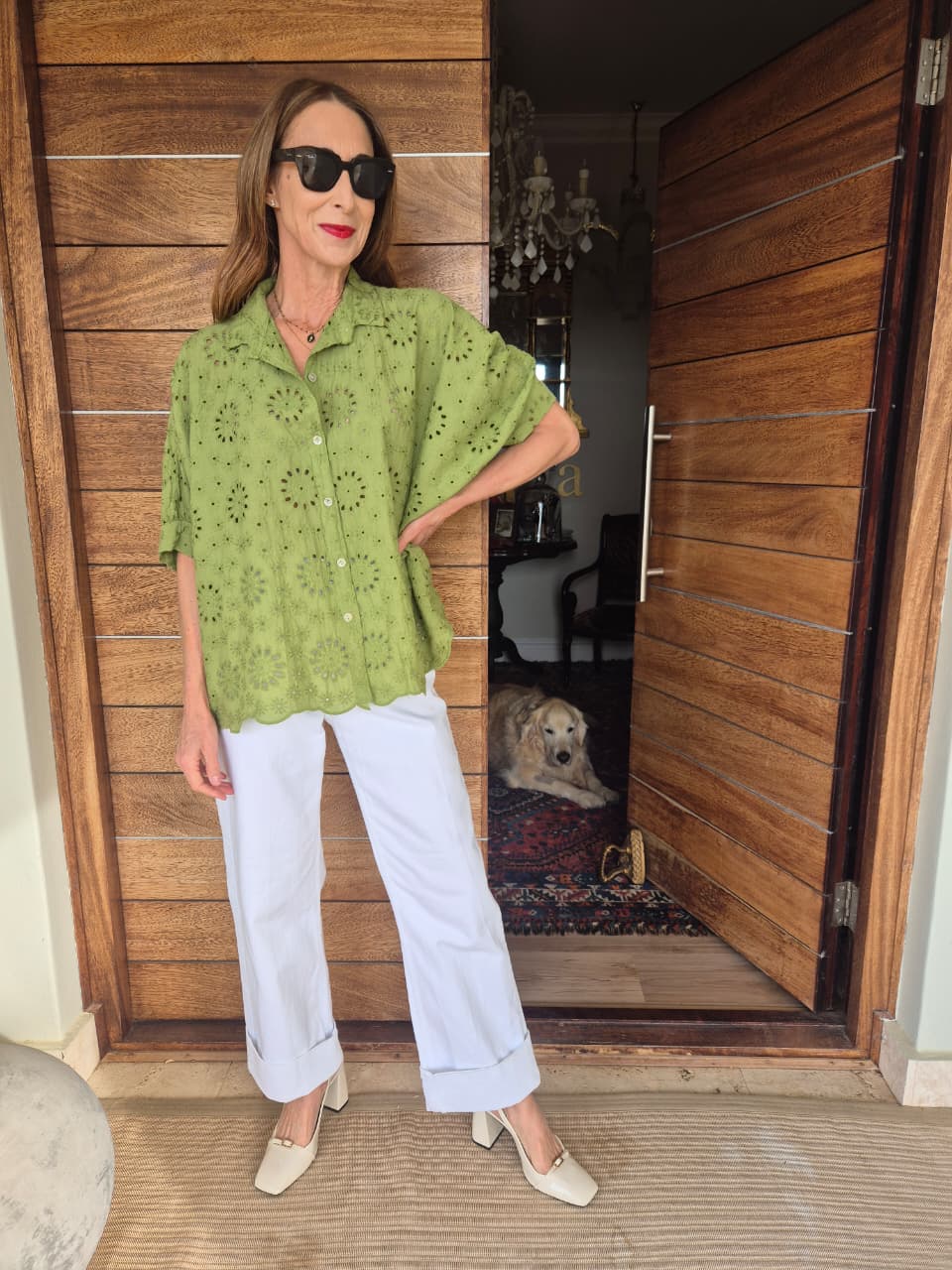 Olive Green Anglaise Shirt with Puff Sleeves