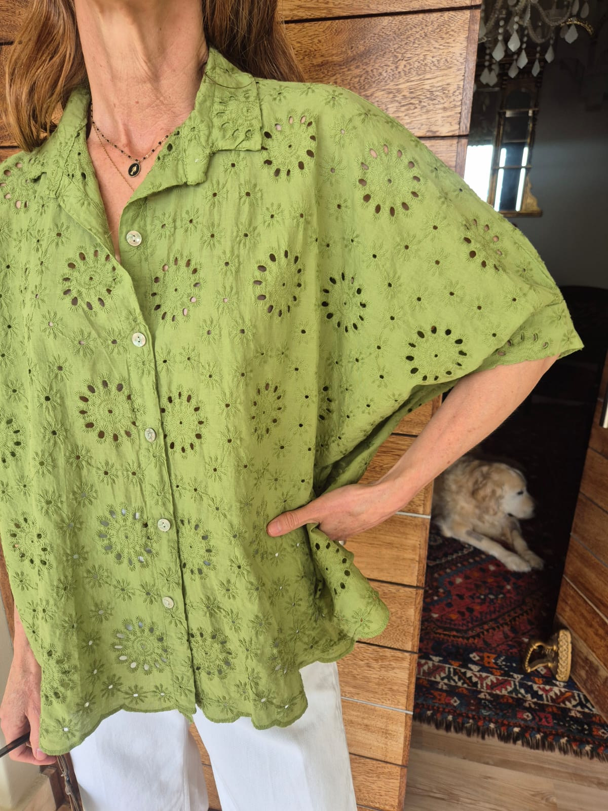 Olive Green Anglaise Shirt with Puff Sleeves