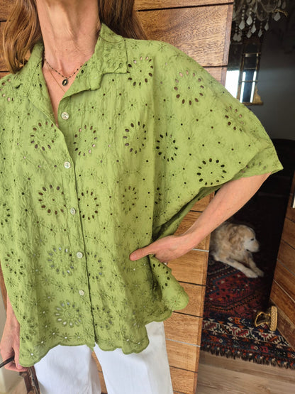 Olive Green Anglaise Shirt with Puff Sleeves