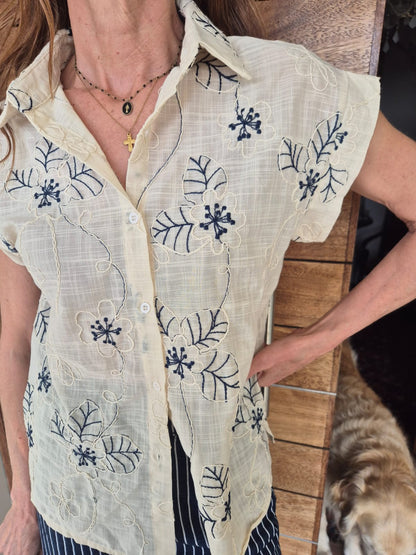 Stone Short Sleeve Blouse with Navy Embroidery on front & back