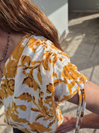 Ochre Yellow Floral on Cream Background