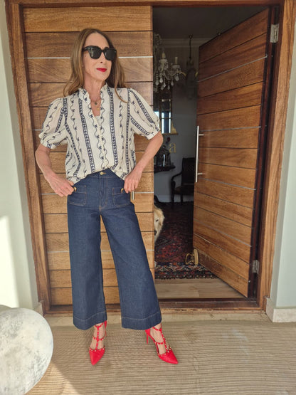 Sheer Blouse with Navy Embroidery