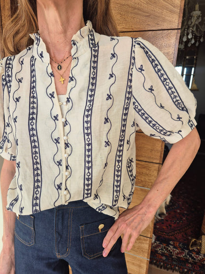 Sheer Blouse with Navy Embroidery