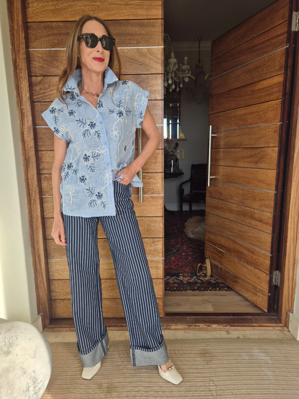 Ice Blue Blouse with Navy & Cream Embroidery on front & back