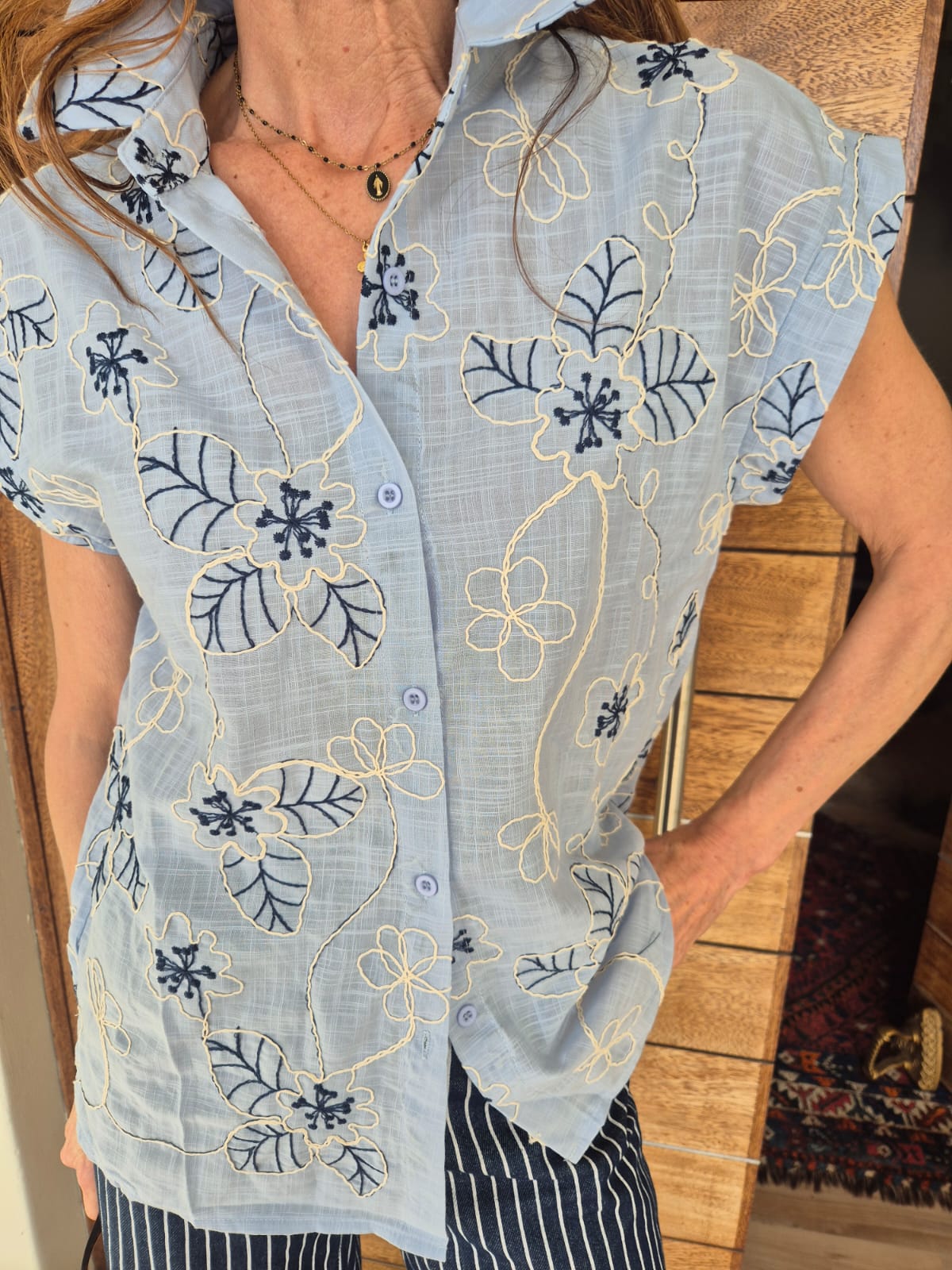 Ice Blue Blouse with Navy & Cream Embroidery on front & back