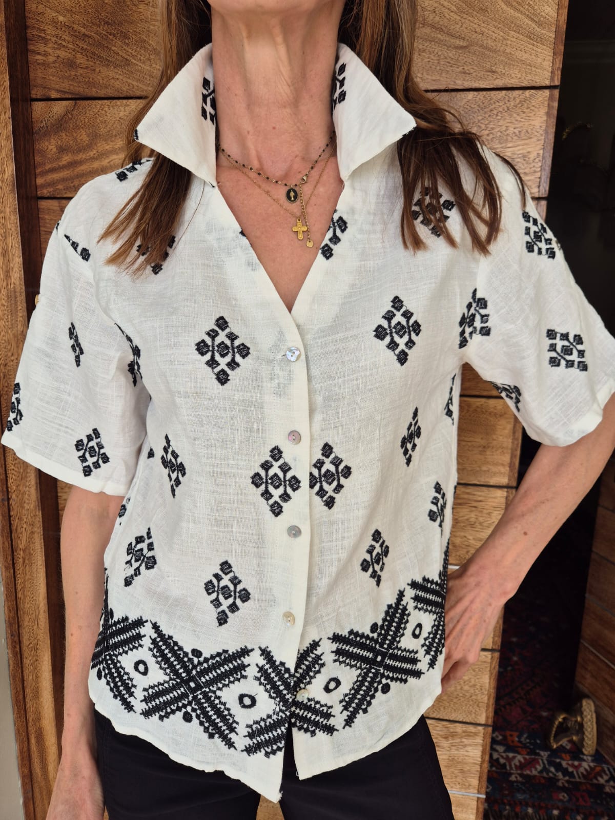 Cream Blouse with Black Embroidery front & back