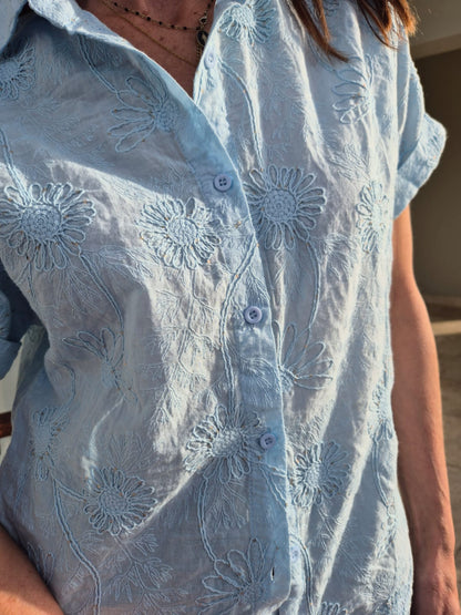 Ice Blue Shirt with Embroidery front & back