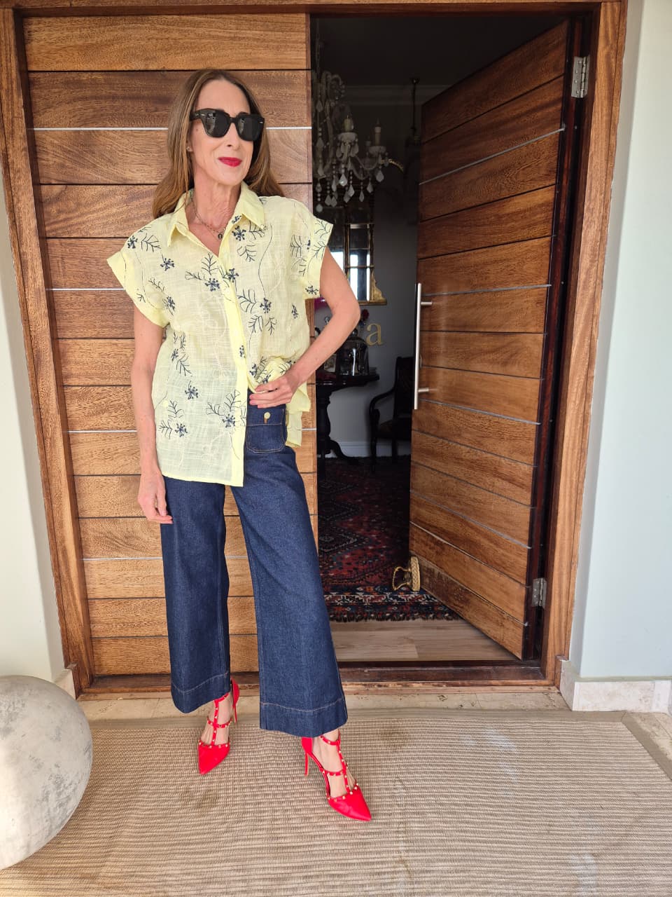 Butter Yellow Shirt with Navy & Cream Embroidery in the front & back