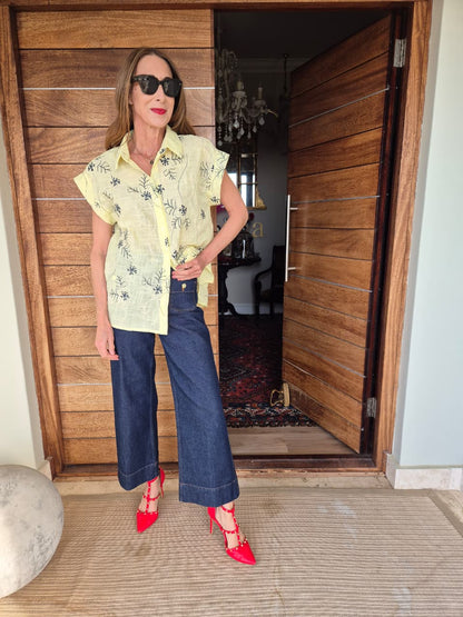 Butter Yellow Shirt with Navy & Cream Embroidery in the front & back