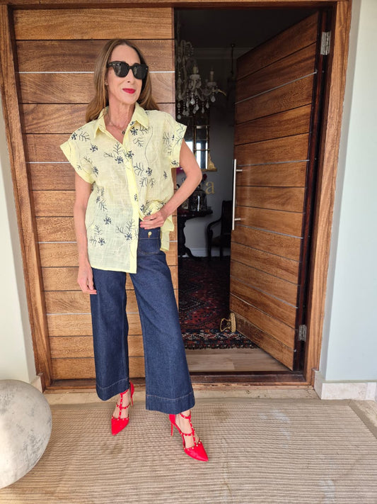 Butter Yellow Shirt with Navy & Cream Embroidery in the front & back