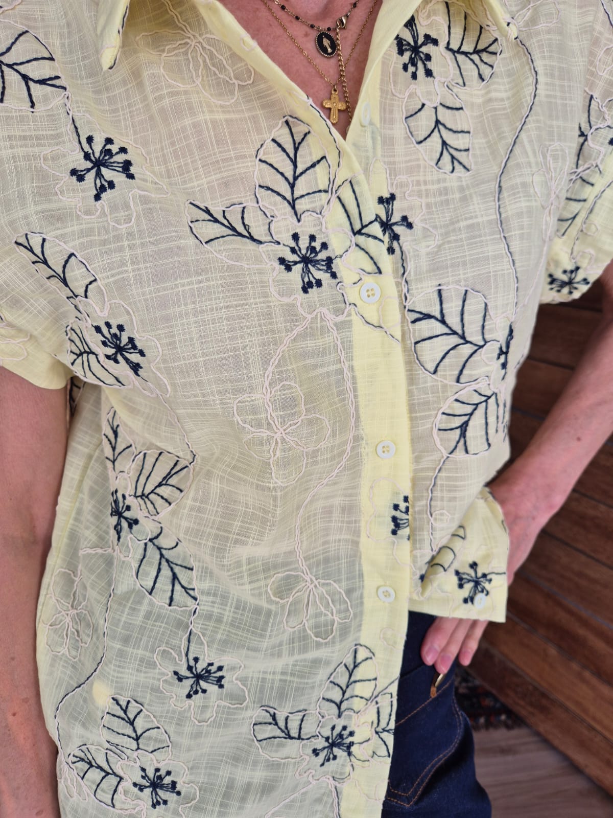Butter Yellow Shirt with Navy & Cream Embroidery in the front & back