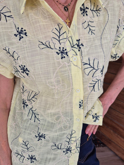 Butter Yellow Shirt with Navy & Cream Embroidery in the front & back