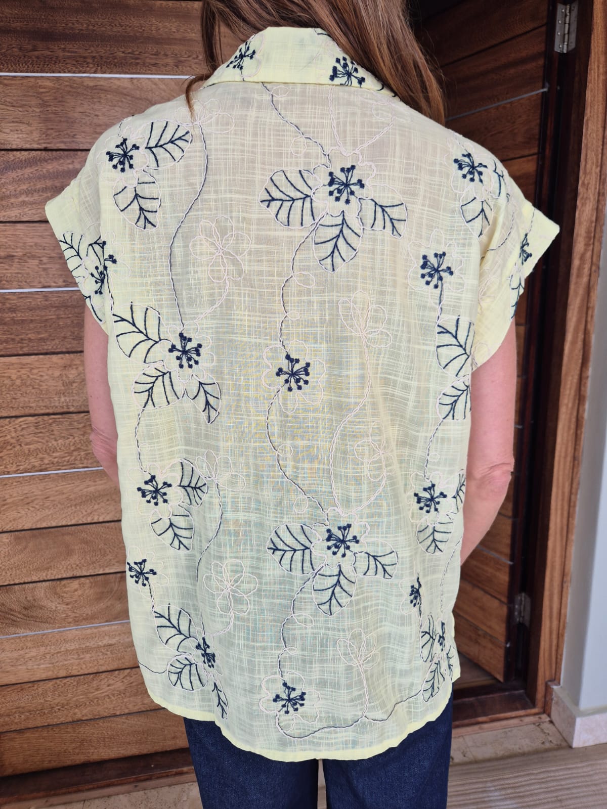 Butter Yellow Shirt with Navy & Cream Embroidery in the front & back