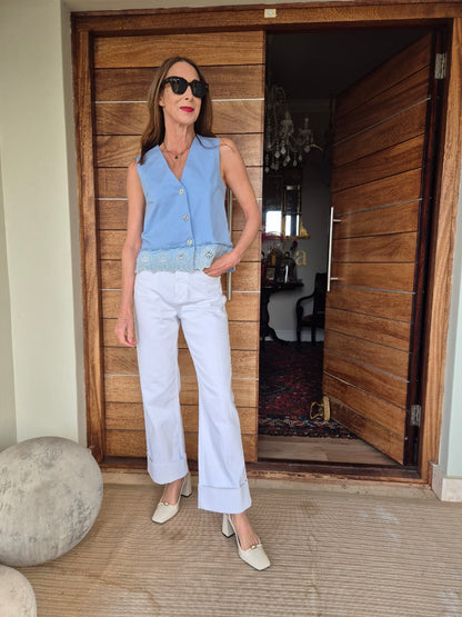 Ice Blue Waistcoat with Embroidery detail at bottom