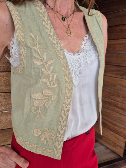 Sage Green Waistcoat with Stone Embroidery