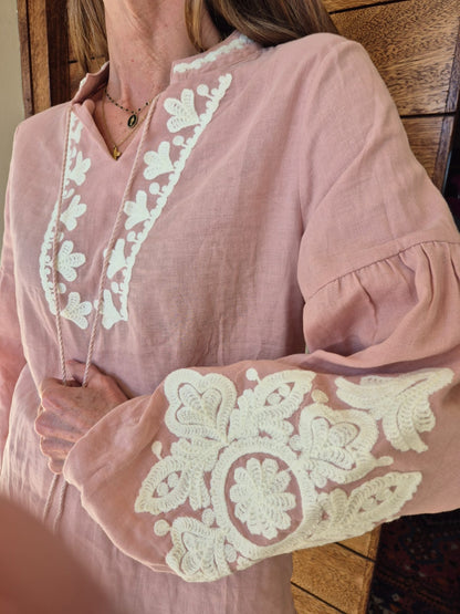 Blush Pink Blouse with Cream Embroidery