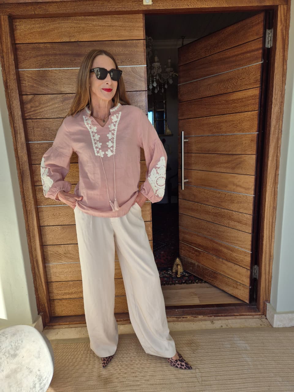 Blush Pink Blouse with Cream Embroidery