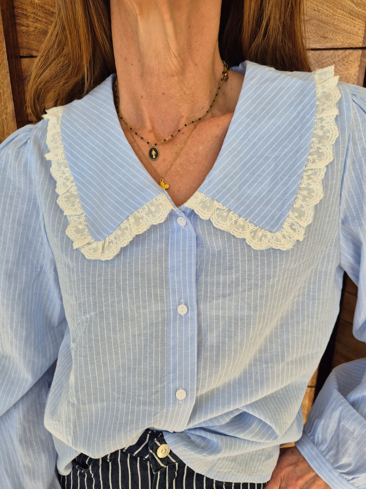 Ice Blue Blouse with White Pinstripe Madeleine Collar with Anglaise Trim