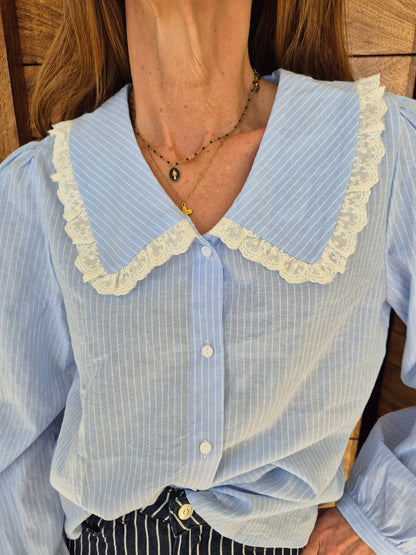 Ice Blue Blouse with White Pinstripe Madeleine Collar with Anglaise Trim
