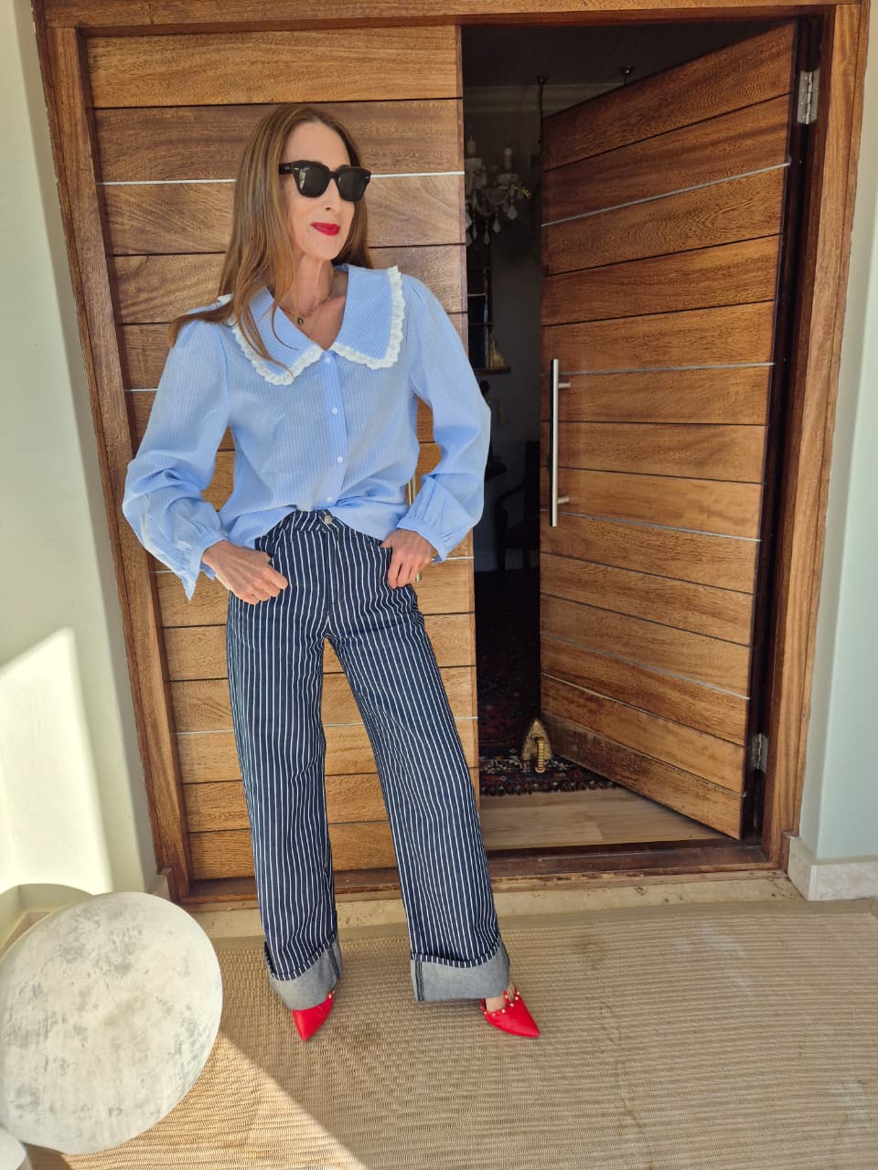 Ice Blue Blouse with White Pinstripe Madeleine Collar with Anglaise Trim