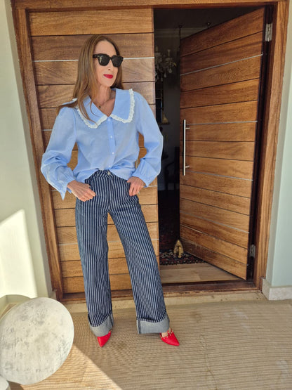 Ice Blue Blouse with White Pinstripe Madeleine Collar with Anglaise Trim