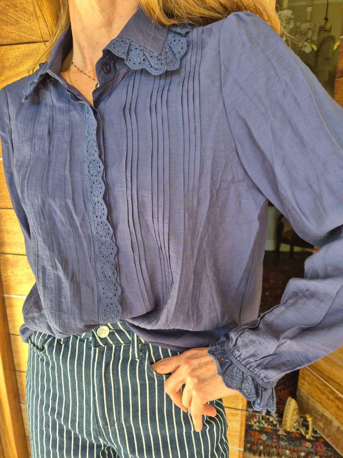 Navy Blouse with Anglaise detail