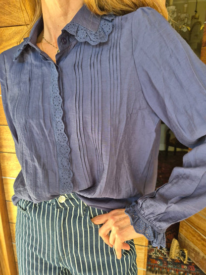 Navy Blouse with Anglaise detail